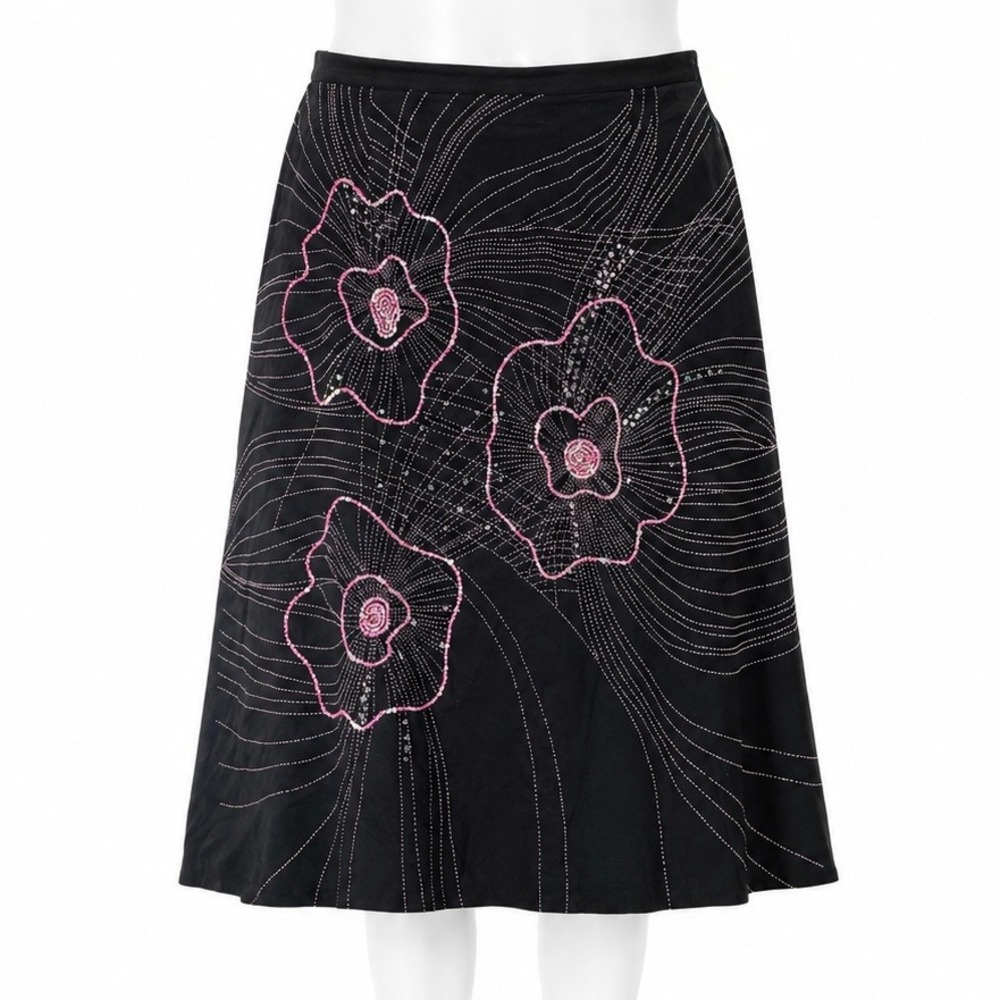 Mix Nouveau Midi Skirt Women 14 Black Pink Floral Beaded Embroidered Cotton Y2K‎